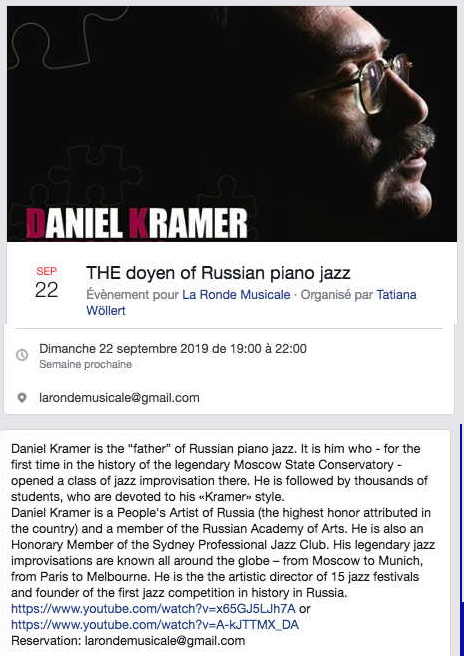 Bannière Facebook. Daniel Kramer -  the doyen of Russian piano jazz. 2019-09-22